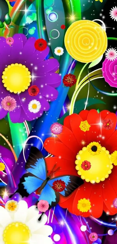 Vibrant mobile wallpaper with colorful flowers and butterflies on a black background.