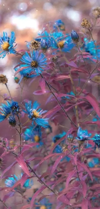 Vibrant blue flowers with purple leaves wallpaper.