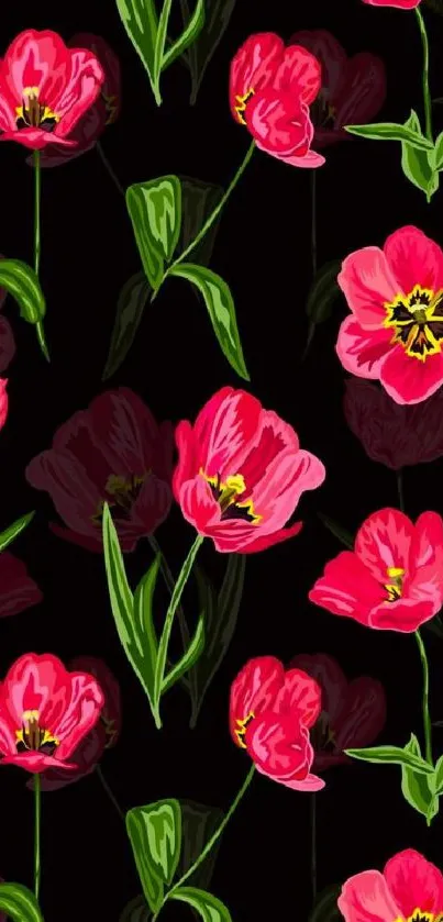 Vibrant red flowers on a black mobile wallpaper.