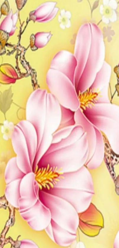 Pink floral wallpaper with yellow background.