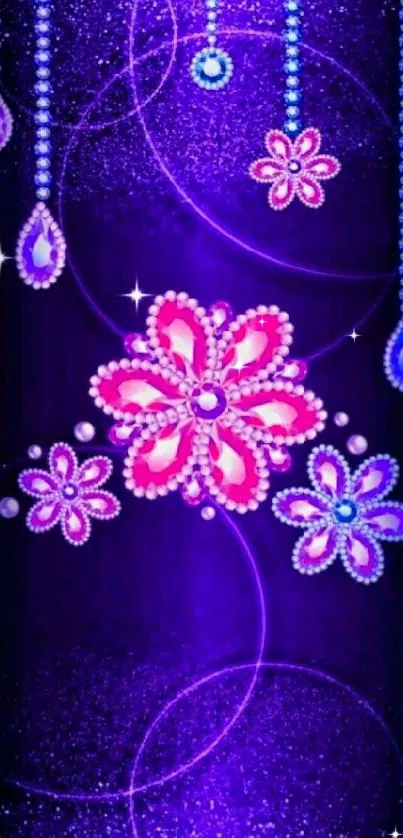 Vibrant floral wallpaper with purple and pink jewel-like flowers.