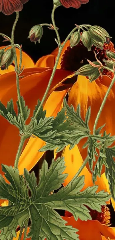 Orange floral wallpaper with green leaves for phones.