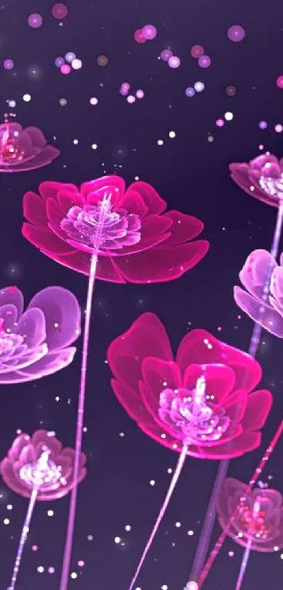 Vibrant pink floral wallpaper with glowing flowers on a dark background.