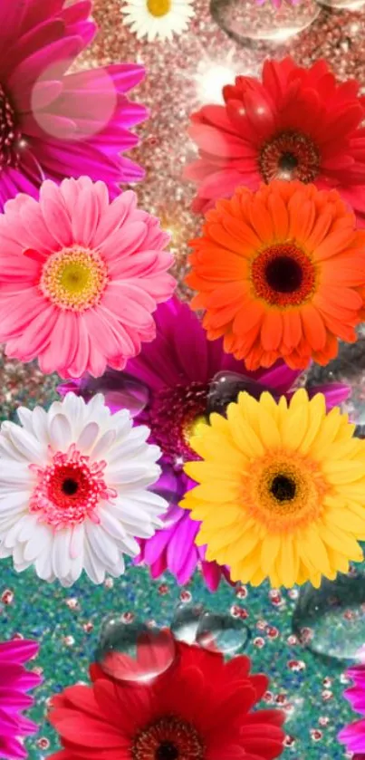 Vibrant colorful floral wallpaper with daisies and sparkling accents.