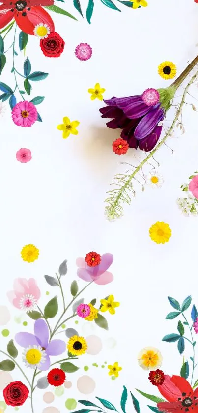 Vibrant floral mobile wallpaper with colorful flowers on a white background.