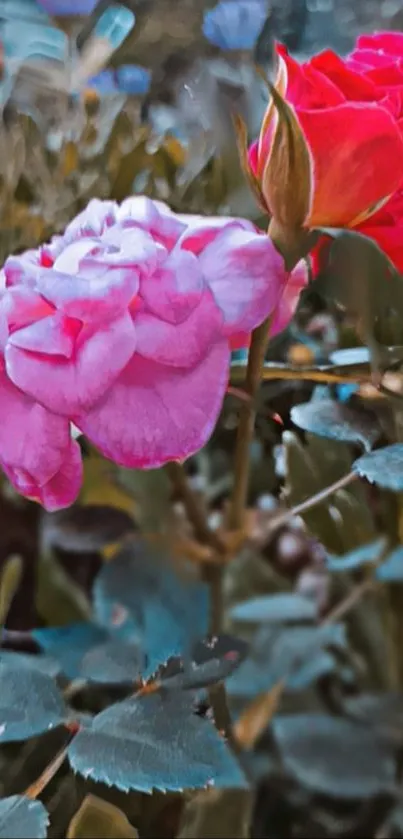 Close-up of pink and red roses with vibrant foliage in a garden setting.