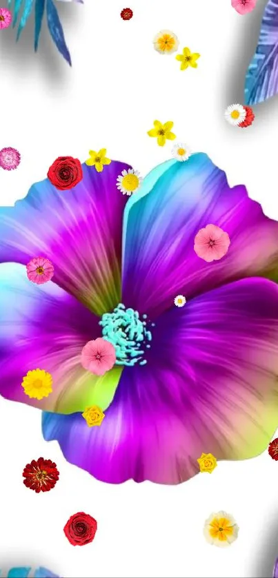 Vibrant purple flower with colorful tropical leaves.