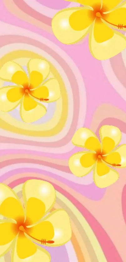 A vibrant mobile wallpaper with yellow flowers and abstract swirls on a pink background.