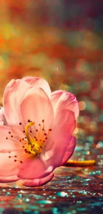 Pink flower with colorful bokeh background, ideal for mobile wallpaper.