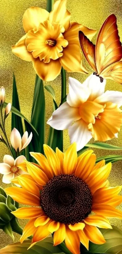 Vibrant floral wallpaper with sunflowers, daffodils, and a butterfly.