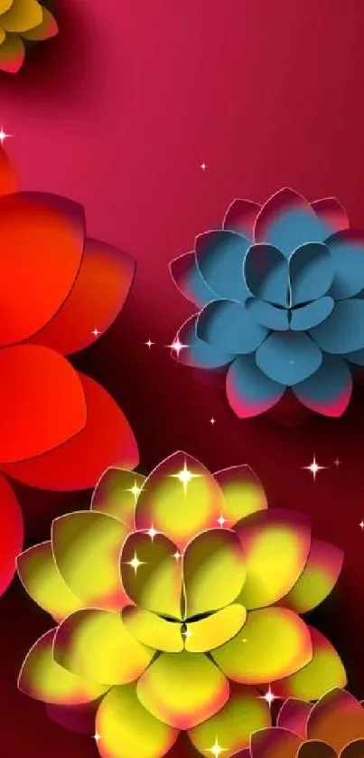 Vibrant floral mobile wallpaper with colorful flowers on a crimson red background.