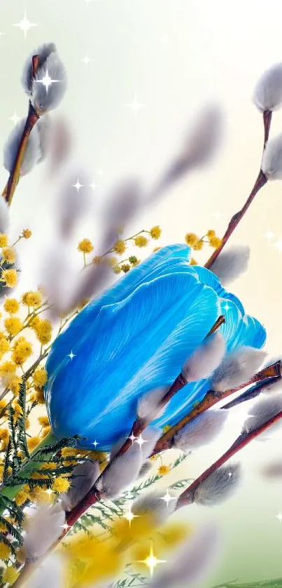 Vibrant blue and yellow floral mobile wallpaper with nature elements.