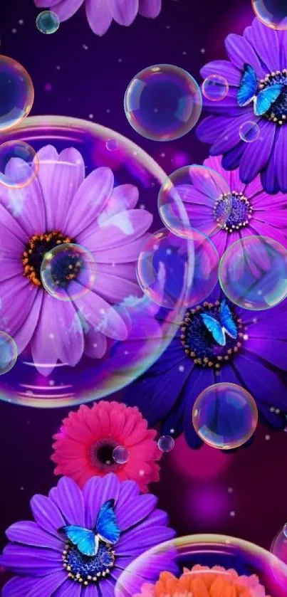 Vibrant purple flowers with butterflies on mobile wallpaper.