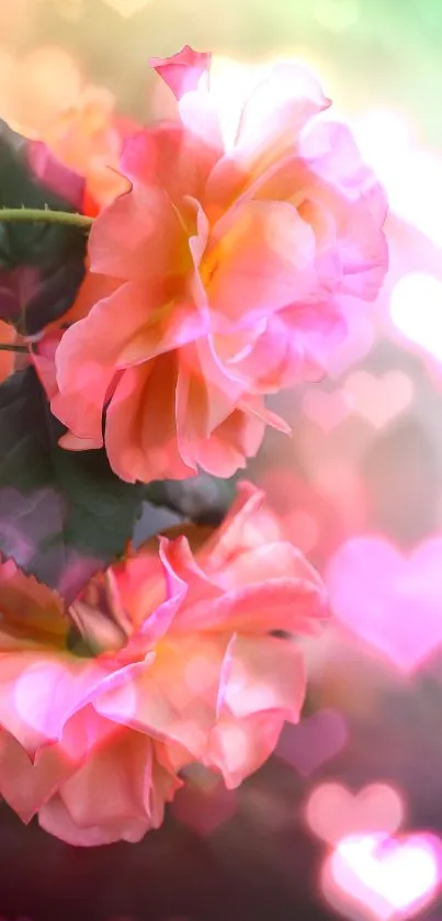 Vibrant pink-orange roses with green leaves on a blurred background.