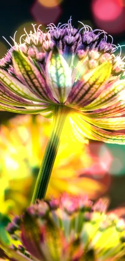 Close-up of vibrant flower petals in purple and green hues.