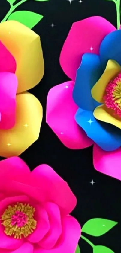 Bright 3D paper flowers on black background.