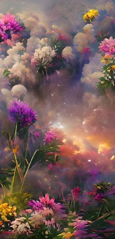 Vibrant floral wallpaper with colorful flowers and a dreamy background.