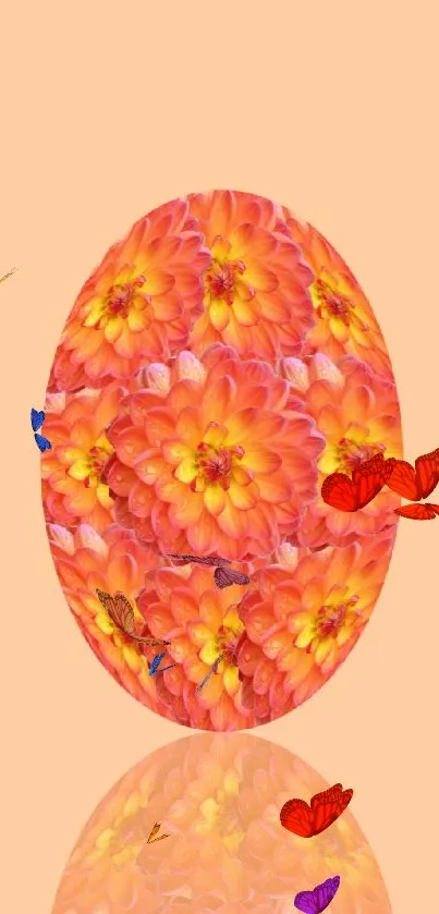 Vibrant floral wallpaper with orange flowers on peach background.