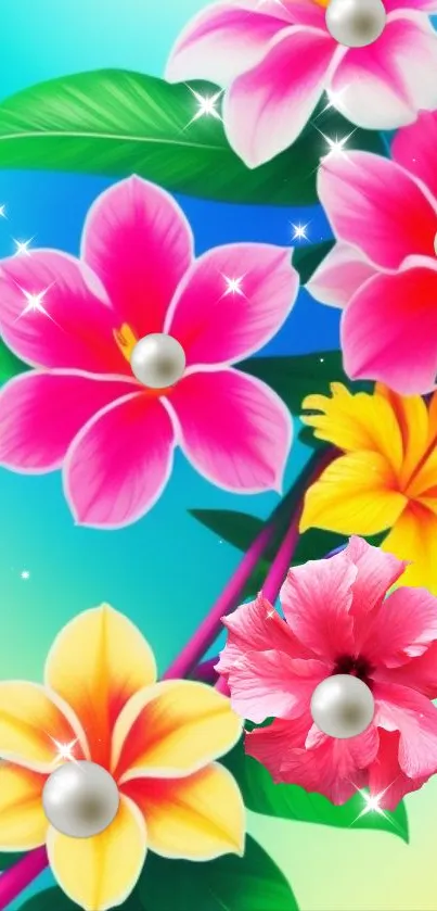 Colorful floral wallpaper with green leaves and pearl accents.