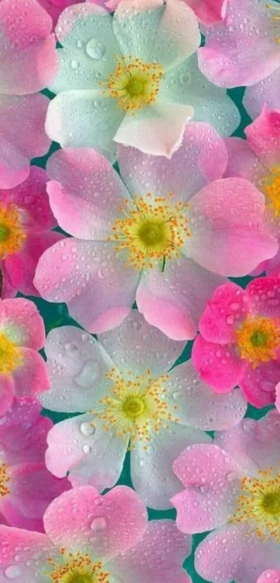 Colorful floral wallpaper with pink blossoms and dewdrops.