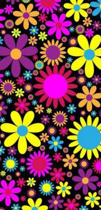 Vibrant floral wallpaper with colorful flowers on a black background.