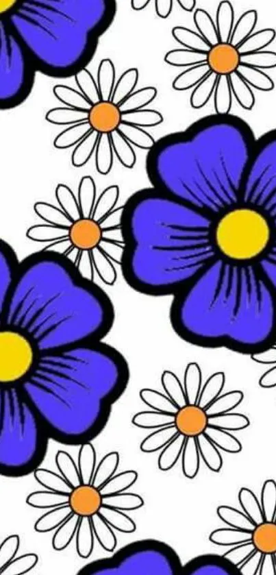 Floral mobile wallpaper with blue flowers and daisies.