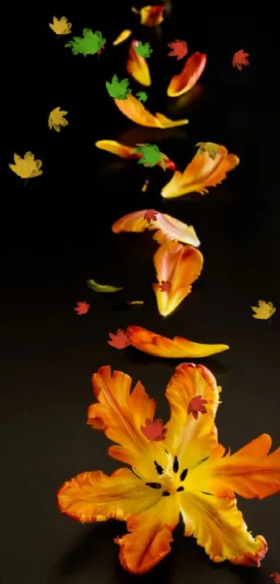 Autumn-themed mobile wallpaper with orange petals on a dark background.