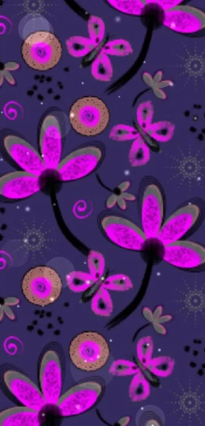 Vibrant floral pattern wallpaper with pink flowers on dark purple background.