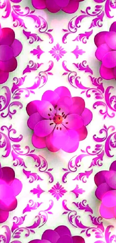 Vibrant purple floral wallpaper with intricate patterns.