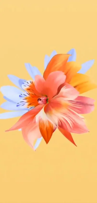 Vibrant floral wallpaper with abstract orange and blue flowers on a yellow background.