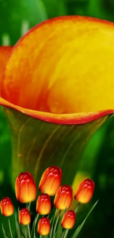 Vibrant orange and yellow flowers on a lush green mobile wallpaper.