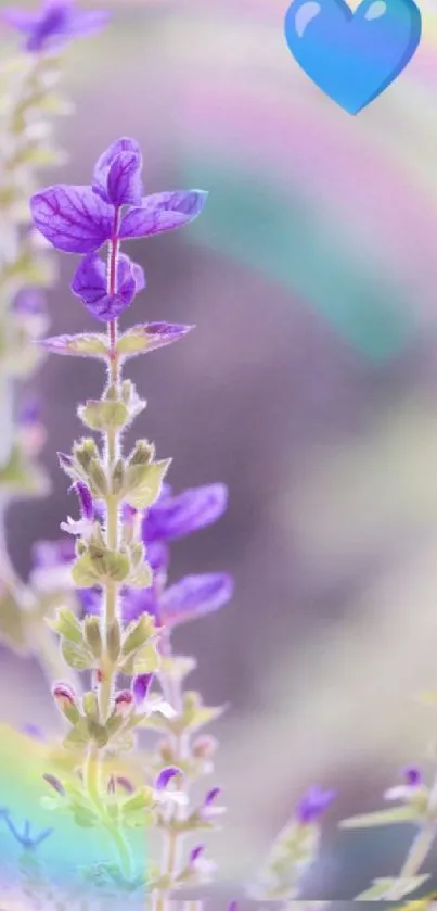 Vibrant mobile wallpaper with purple flowers and a blue heart.