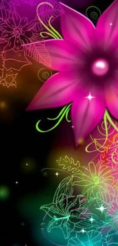 Neon floral design mobile wallpaper with vibrant colors.