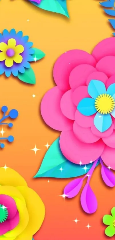 Vibrant floral mobile wallpaper with colorful paper-cut flowers on a gradient background.