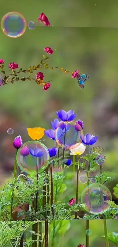 Floral wallpaper with vibrant flowers and bubbles on a green background.