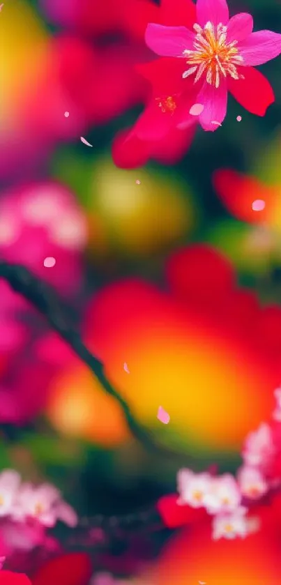 Vibrant floral wallpaper with red, pink, and yellow blossoms.