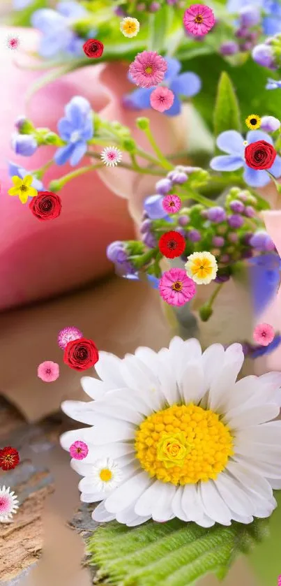 Vibrant floral mobile wallpaper with pink roses and daisies.