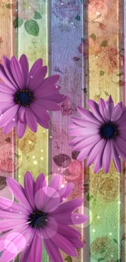 Purple flowers on colorful wooden wallpaper background.