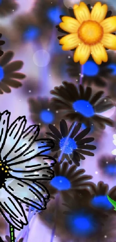 Vibrant floral wallpaper with daisies, blues, and yellows for mobile.