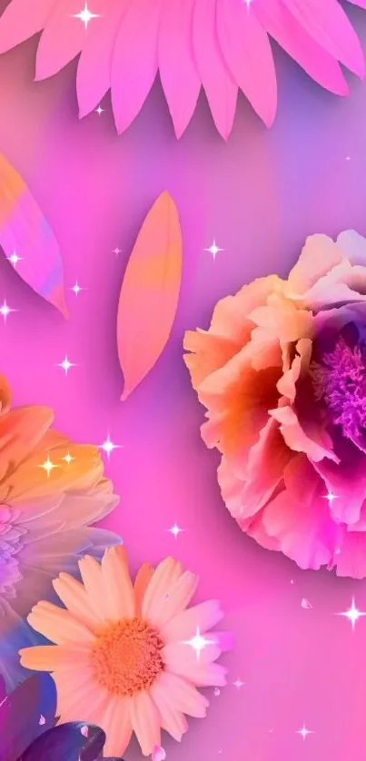 Vibrant floral wallpaper with colorful flowers and dreamy gradient background.