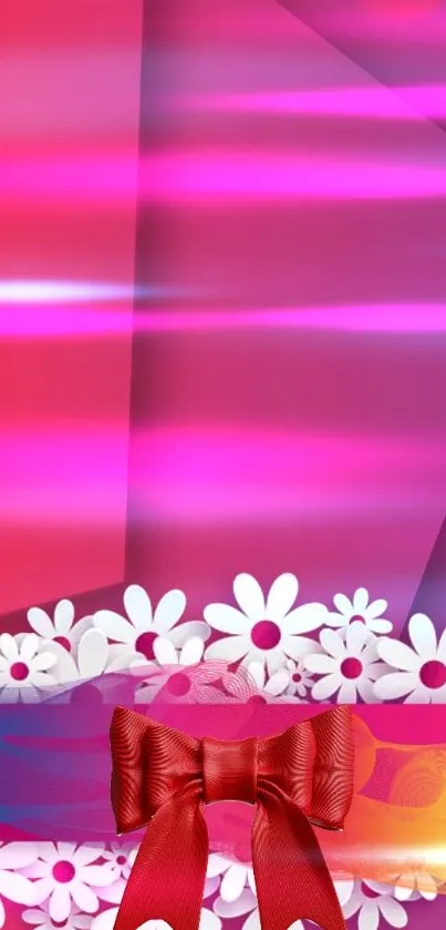 Vibrant floral wallpaper with stripes and a red ribbon.