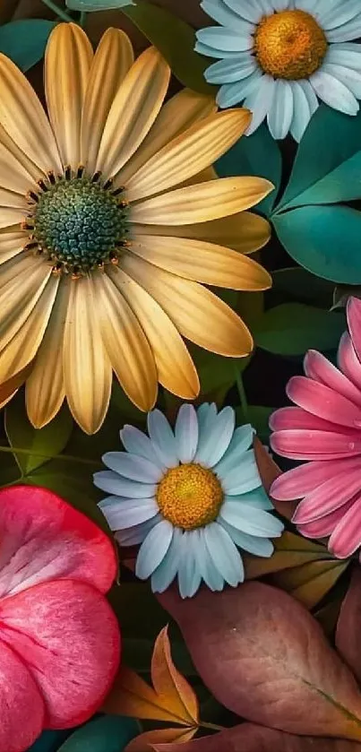 Vibrant floral mobile wallpaper with colorful flowers and green leaves.