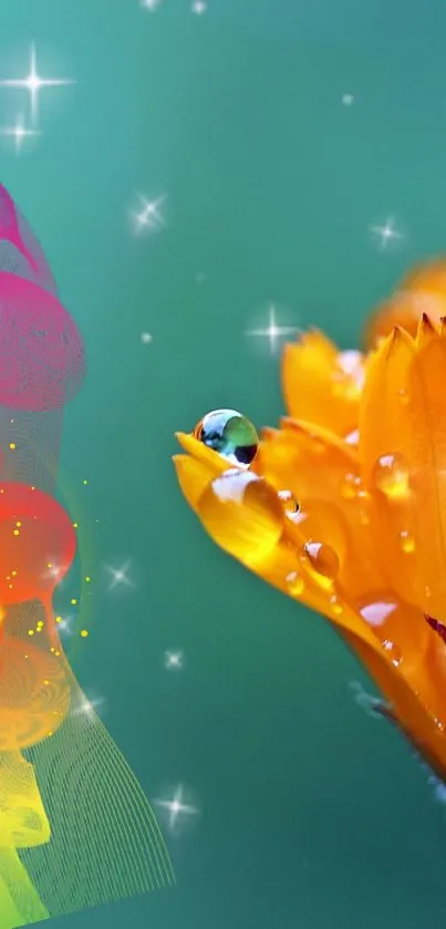 Orange flower with raindrops against a vibrant, colorful background.