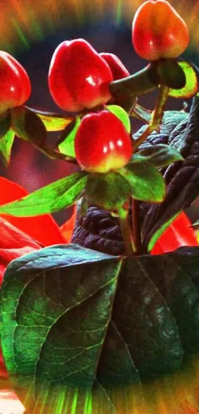 Vibrant floral wallpaper with red and green hues.