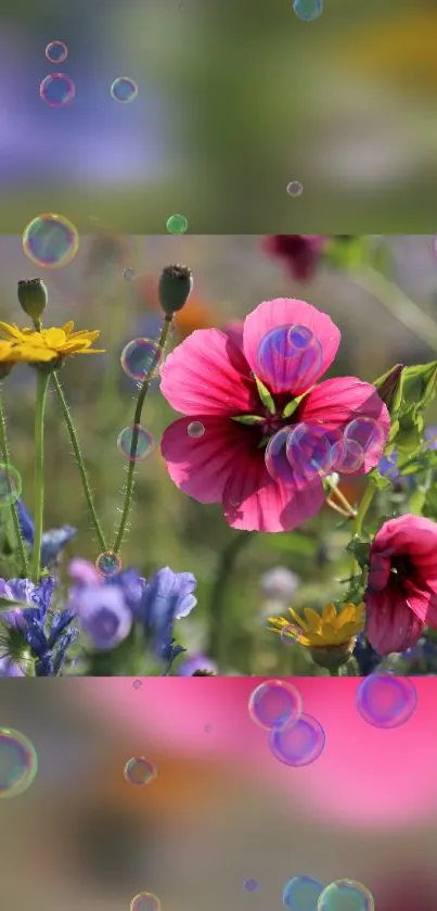 Bright pink flowers and colorful bubbles in a floral mobile wallpaper.