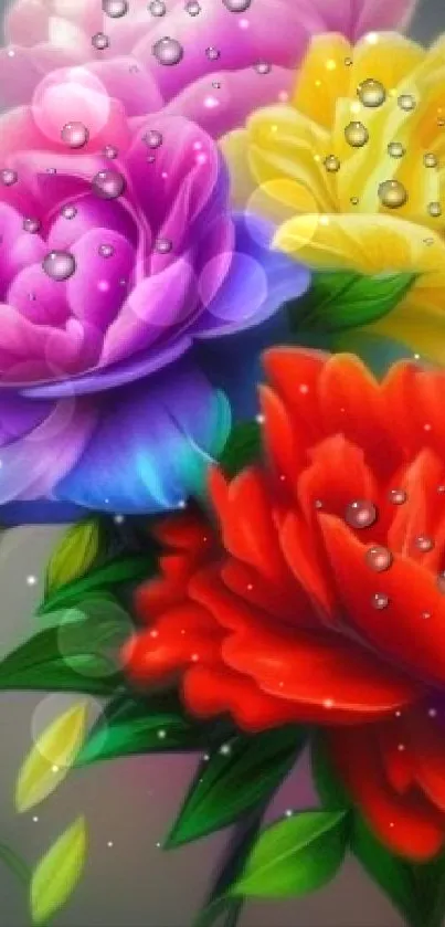 Vibrant roses with dew drops in colorful floral mobile wallpaper.
