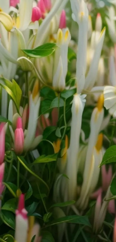 Vibrant floral wallpaper with pink and white blooms and green foliage.