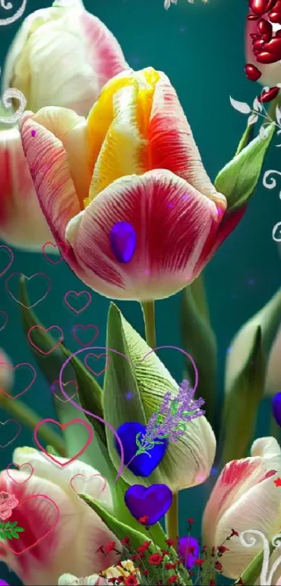 Vibrant floral mobile wallpaper with tulips and hearts.