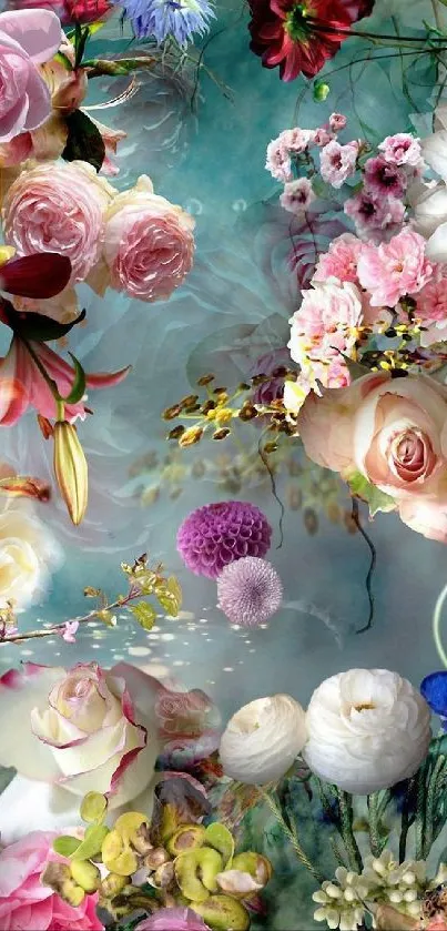 Vibrant floral fantasy wallpaper with assorted flowers on a teal background.