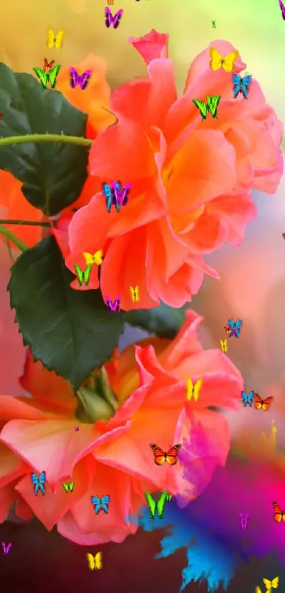 Vibrant floral wallpaper with roses and colorful splash.